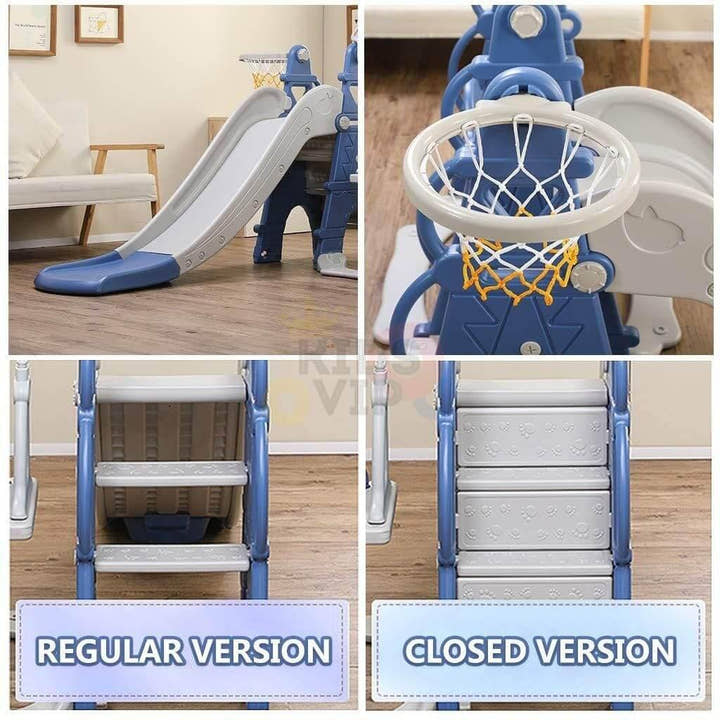 Blue Luxury 5-in-1 Castle Edition Playset for Kids W/ Slide, Closed Steps, Swing & Basketball Hoop.
