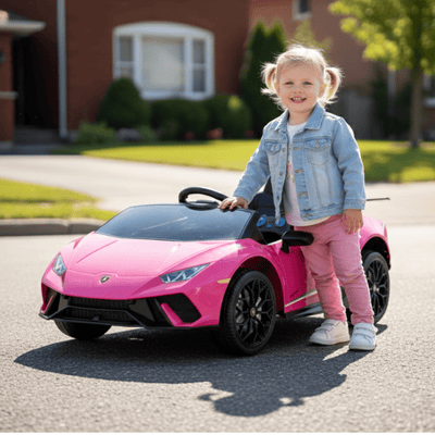 12V Pink Lamborghini Huracan Licensed Sport Edition 4X4 Ride-On Car W/ Rubber Wheels, Bluetooth & RC.