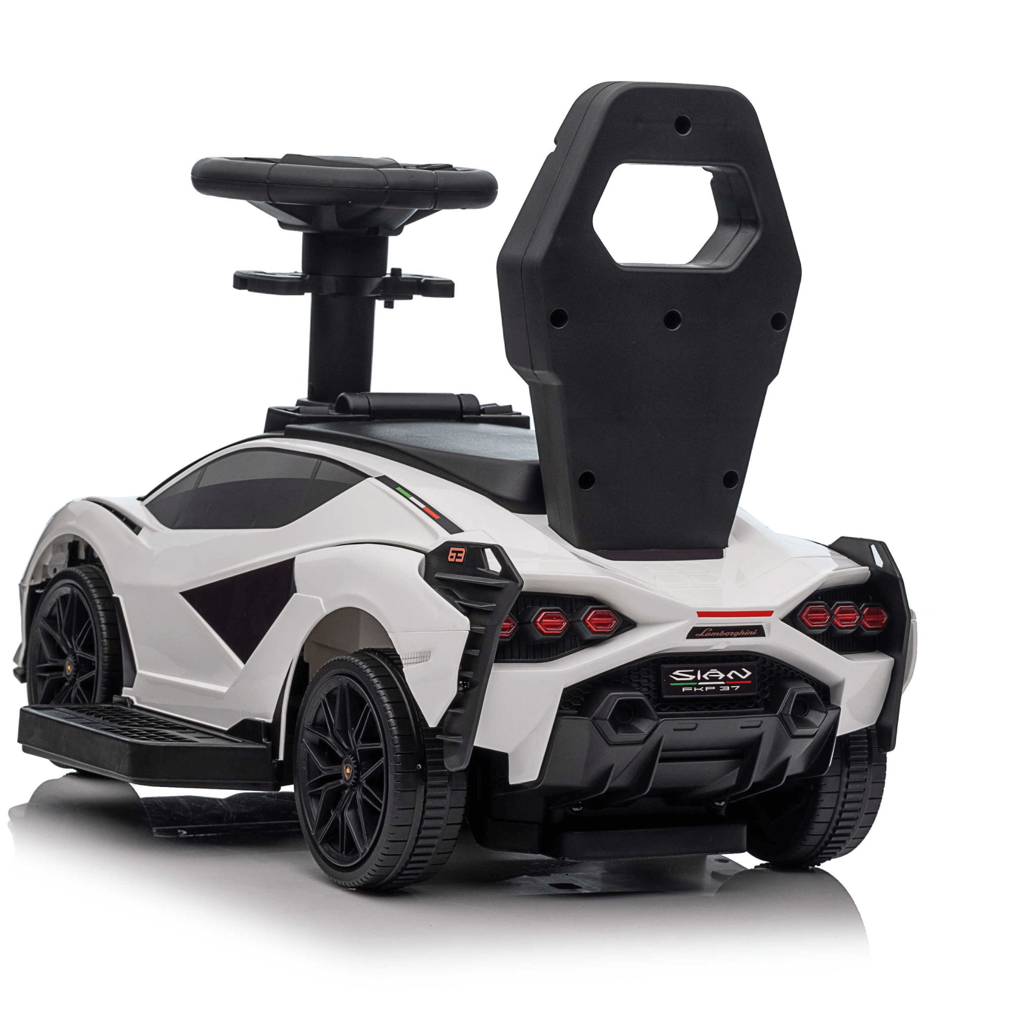 White Complete Edition Lamborghini Sian 3-in-1 Push Car / Stroller W/ Detachable Handle, Safety Guards, Lights & Music.