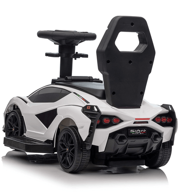 White Complete Edition Lamborghini Sian 3-in-1 Push Car / Stroller W/ Detachable Handle, Safety Guards, Lights & Music.