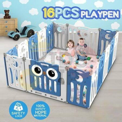 Blue 16 Panels Indoor/Outdoor Foldable Playpen, Fence, Interactive Safety Play Yard  for Toddlers and Infants.