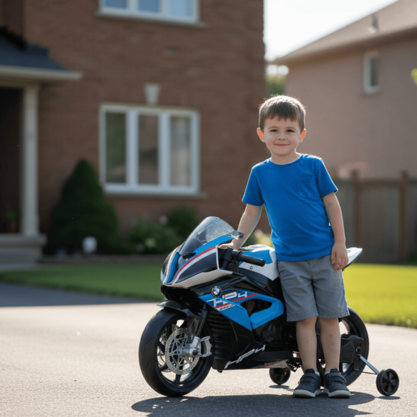 12V Blue BMW HP4 Kids' Super Motorcycle W/ EVA Rubber Wheels, Music & Lights.