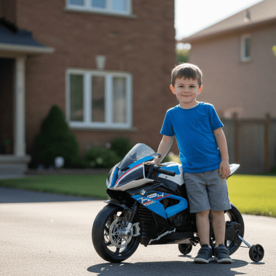 12V Blue BMW HP4 Kids' Super Motorcycle W/ EVA Rubber Wheels, Music & Lights.