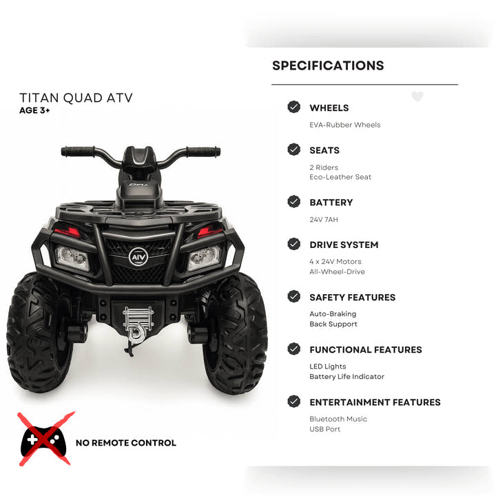 24V White Upgraded Titan Edition 4x4 Ride-On Quad ATV W/ EVA Rubber Wheels, Bluetooth Music & Lights.