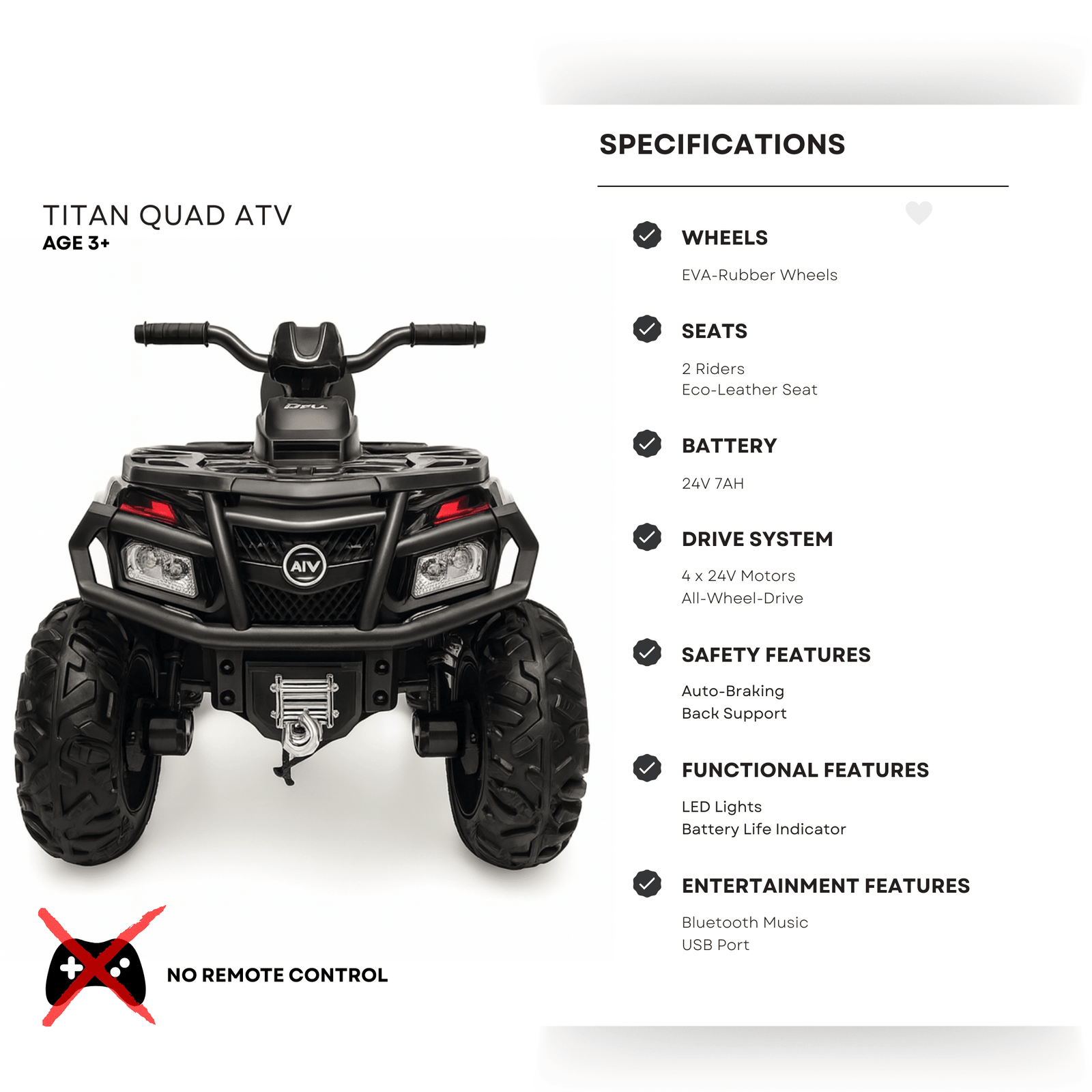 24V White Upgraded Titan Edition 4x4 Ride-On Quad ATV W/ EVA Rubber Wheels, Bluetooth Music & Lights.