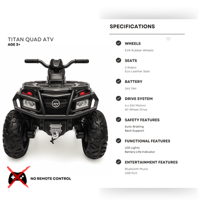 24V White Upgraded Titan Edition 4x4 Ride-On Quad ATV W/ EVA Rubber Wheels, Bluetooth Music & Lights.