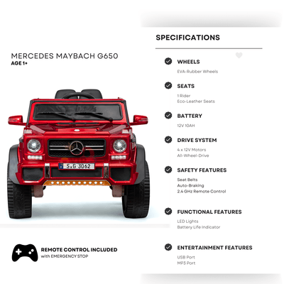 12V Red Luxury Mercedes Maybach G650s Kids' 4x4 Ride-on SUV W/ Rubber Wheels, Music & RC.