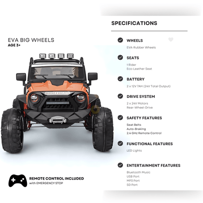 Orange 24V EVA Big Wheels Edition Kids’ Ride-On Truck W/ Rubber Wheels, Music & RC.