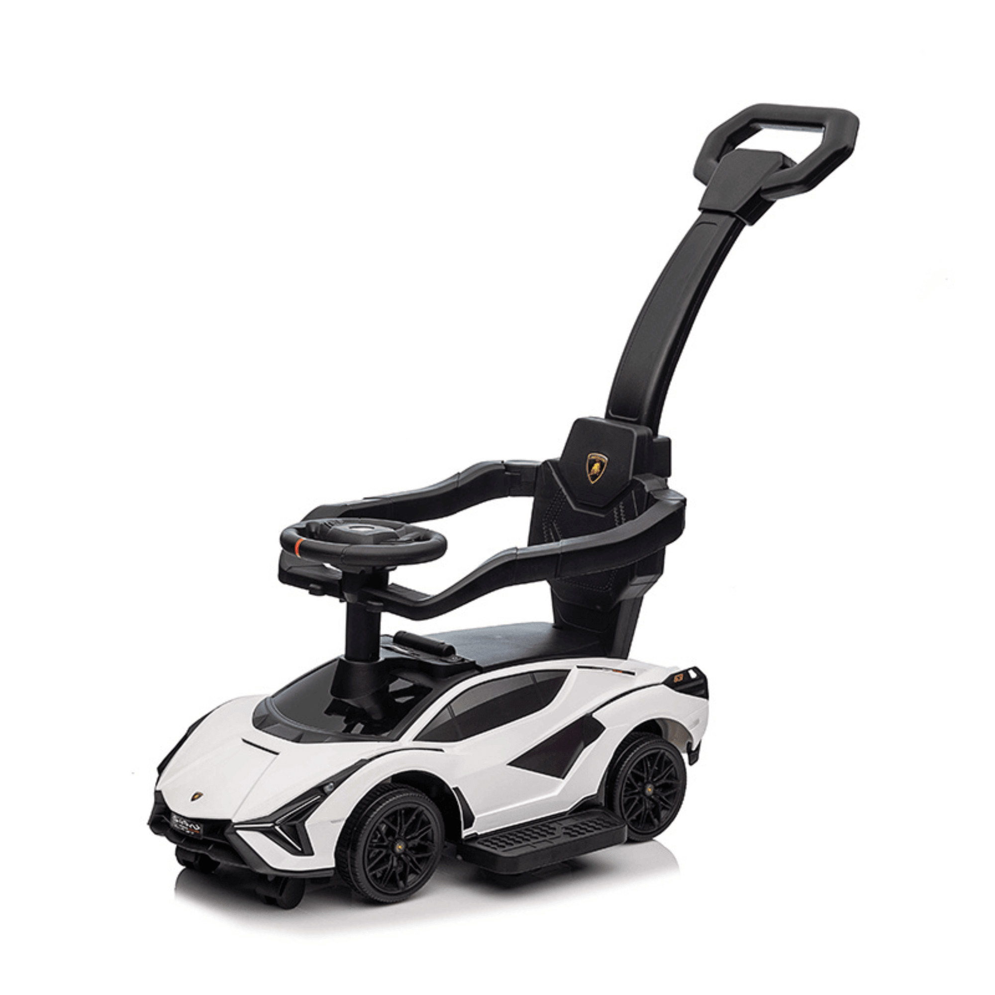 White Complete Edition Lamborghini Sian 3-in-1 Push Car / Stroller W/ Detachable Handle, Safety Guards, Lights & Music.