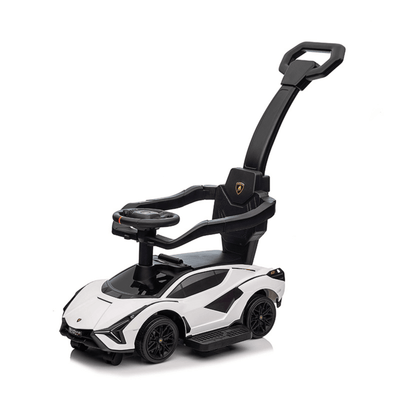 White Complete Edition Lamborghini Sian 3-in-1 Push Car / Stroller W/ Detachable Handle, Safety Guards, Lights & Music.