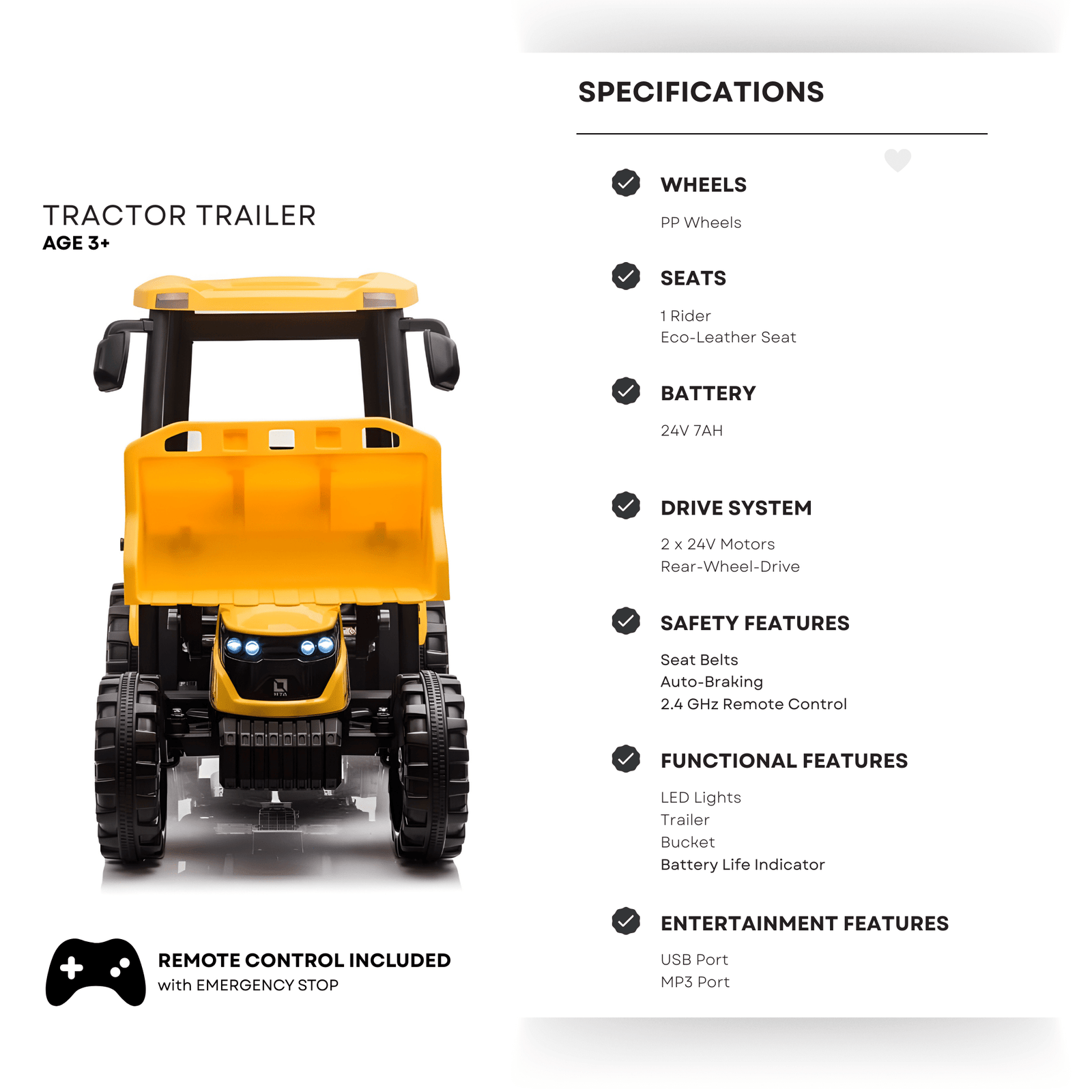 24V Kids' XXL Upgraded 6-Wheel Tractor W/ Trailer, Leather Seat, Music, Lights & RC.