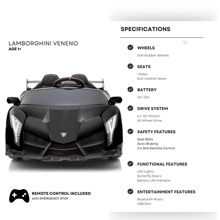 12V Black Lamborghini Veneno 4X4 Limited Edition Ride-on Car W/ EVA Rubber Wheels, Bluetooth & RC.