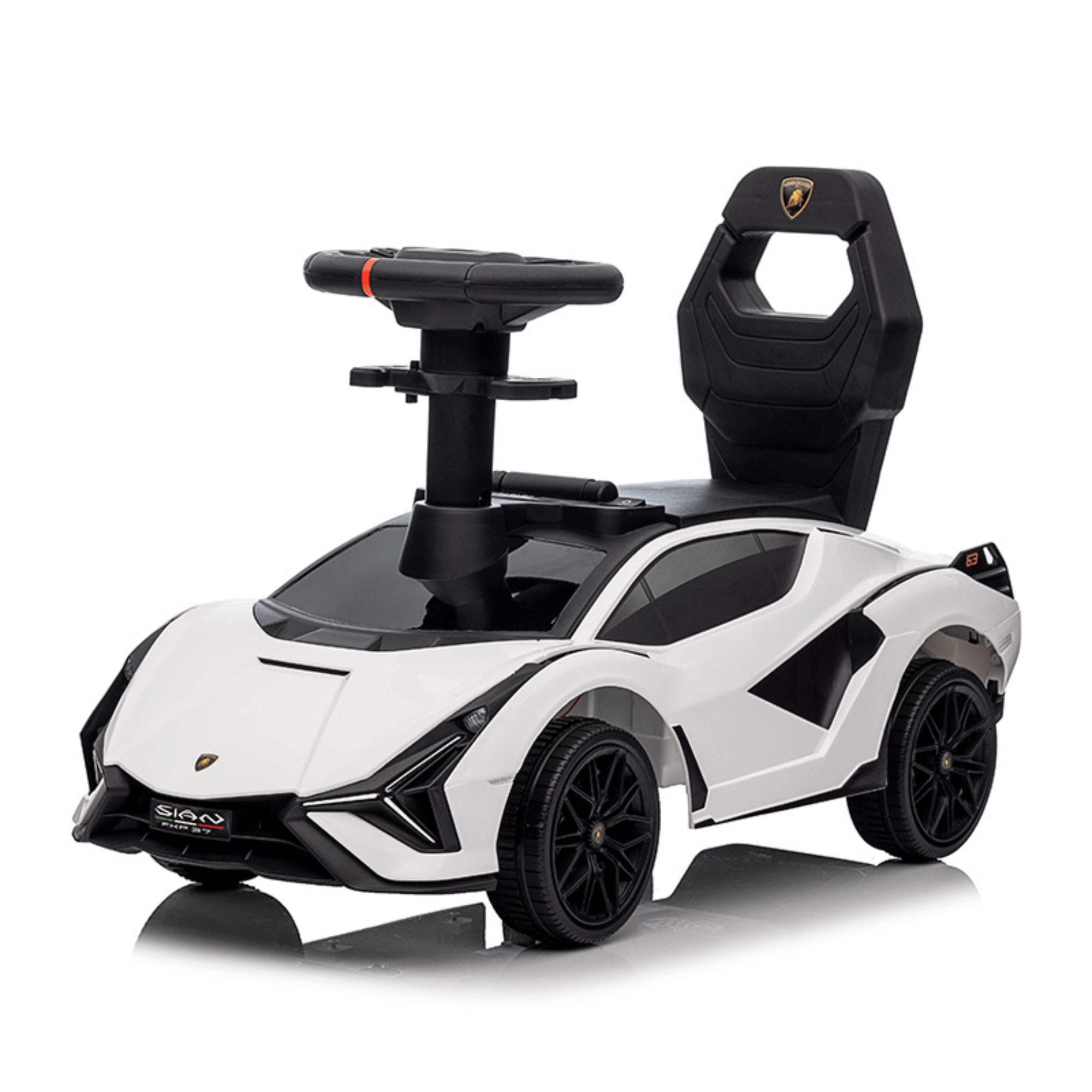 White Complete Edition Lamborghini Sian 3-in-1 Push Car / Stroller W/ Detachable Handle, Safety Guards, Lights & Music.