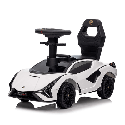 White Complete Edition Lamborghini Sian 3-in-1 Push Car / Stroller W/ Detachable Handle, Safety Guards, Lights & Music.