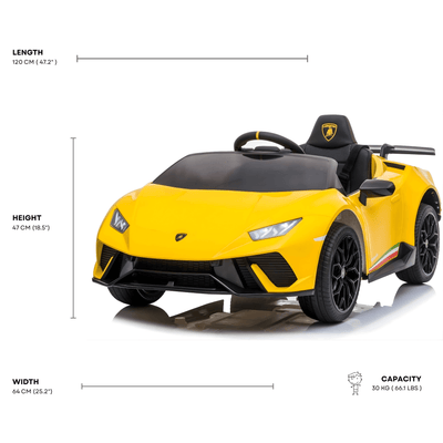 12V Yellow Lamborghini Huracan Licensed Sport Edition 4X4 Ride-On Car W/ Rubber Wheels, Bluetooth & RC.