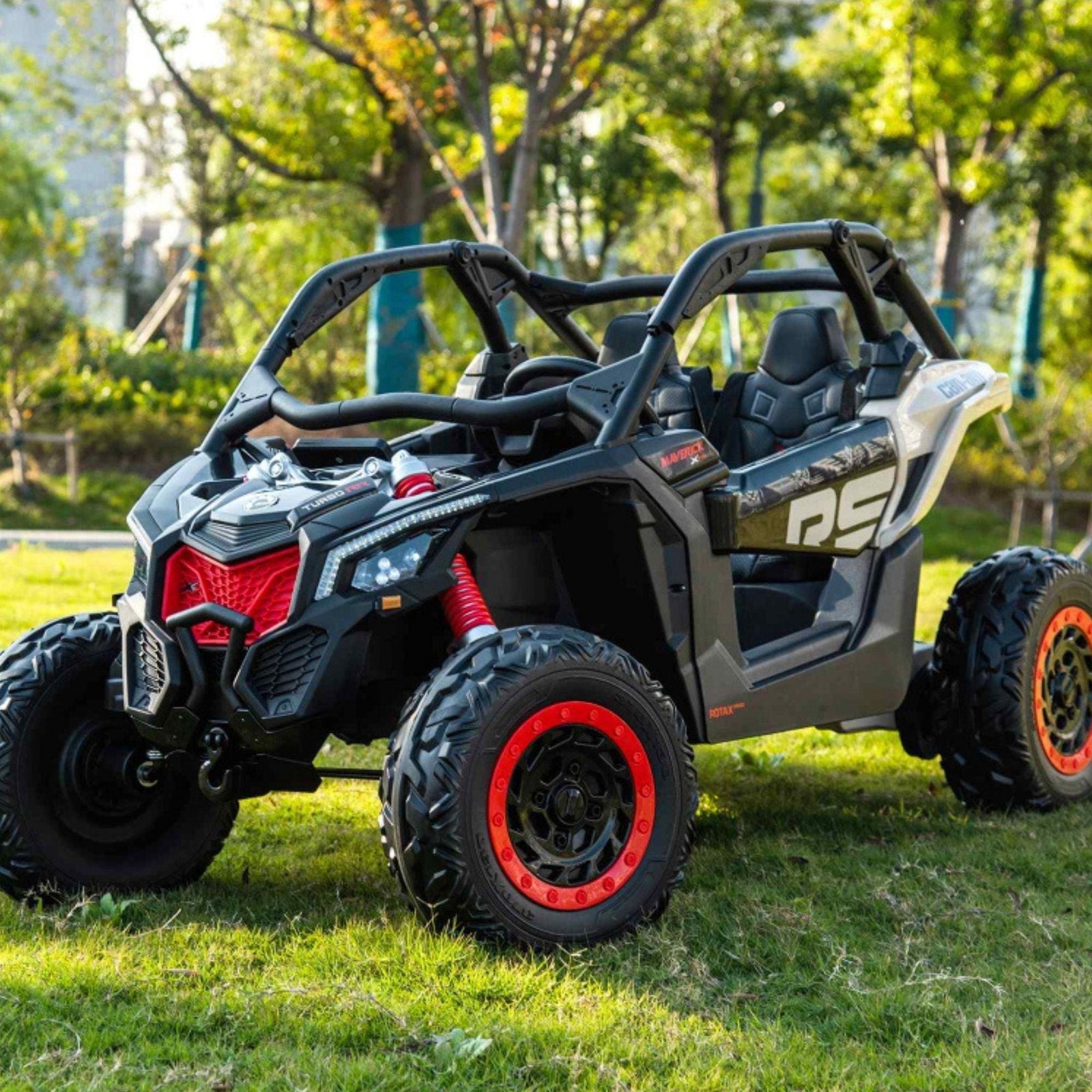 Black Licensed LX Performance Edition 2x24V Can-Am Maverick 4WD Double 24V Battery Pack, 2-Seater Kids' Buggy W/ Music, EVA Rubber Wheels, Leather Seats & RC.