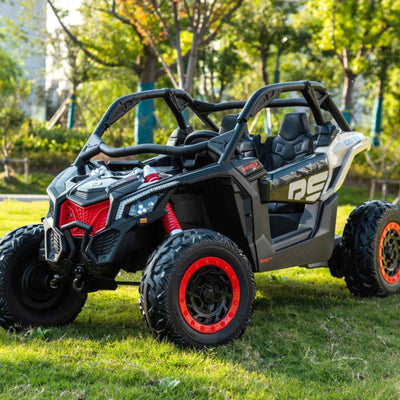 Black Licensed LX Performance Edition 2x24V Can-Am Maverick 4WD Double 24V Battery Pack, 2-Seater Kids' Buggy W/ Music, EVA Rubber Wheels, Leather Seats & RC.