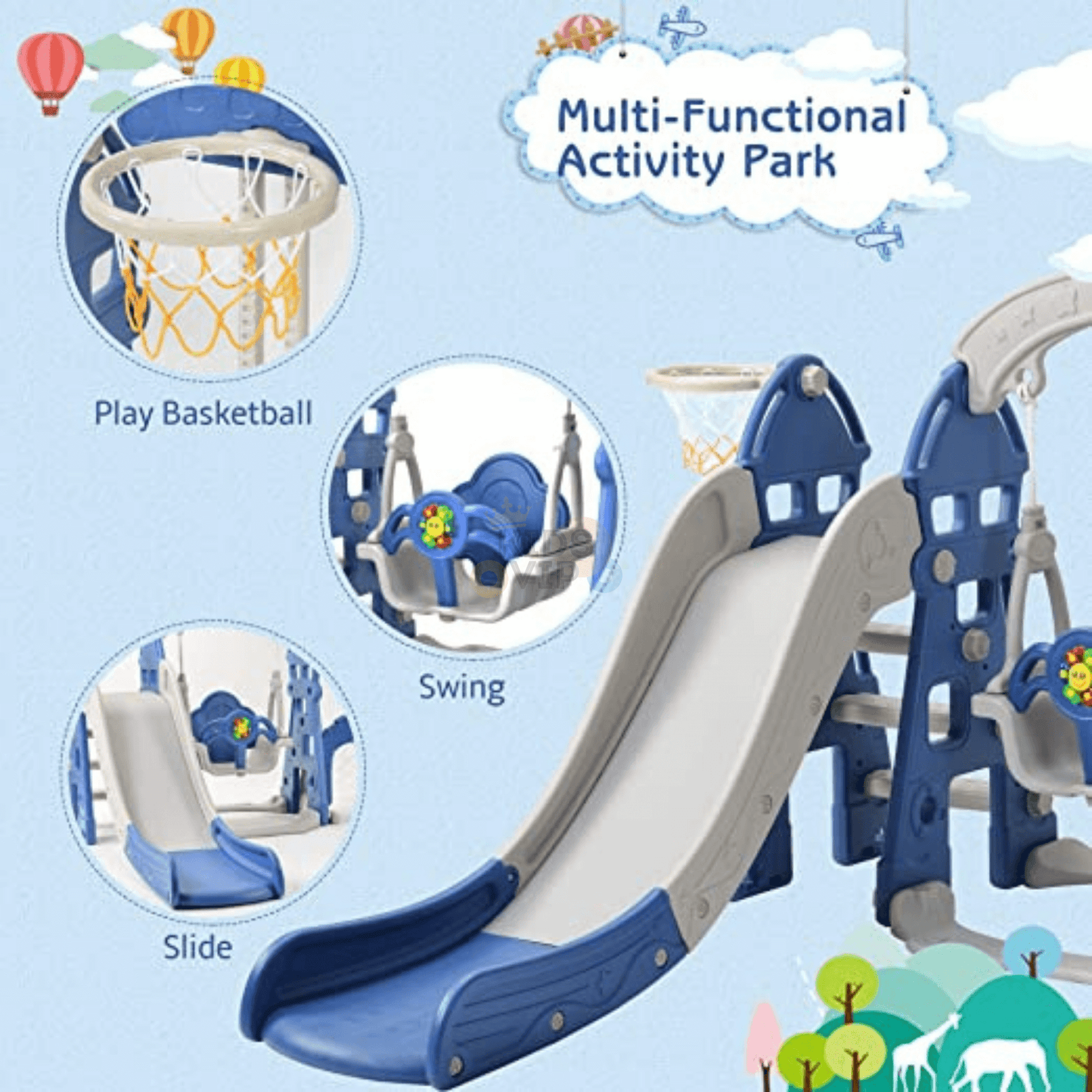 Blue Luxury 5-in-1 Castle Edition Playset for Kids W/ Slide, Closed Steps, Swing & Basketball Hoop.