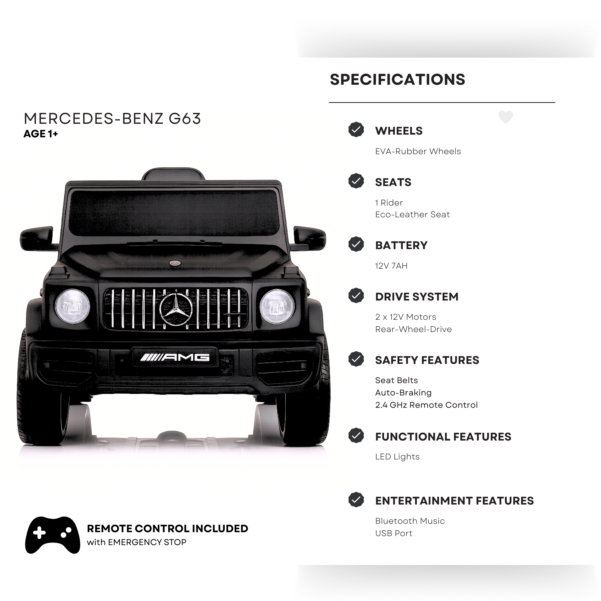 12V Luxury Matte Black Edition Mercedes Benz AMG G63 Ride-On SUV W/ Rubber Wheels, Leather Seat, Bluetooth & RC.