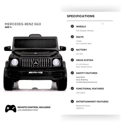 12V Luxury Matte Black Edition Mercedes Benz AMG G63 Ride-On SUV W/ Rubber Wheels, Leather Seat, Bluetooth & RC.