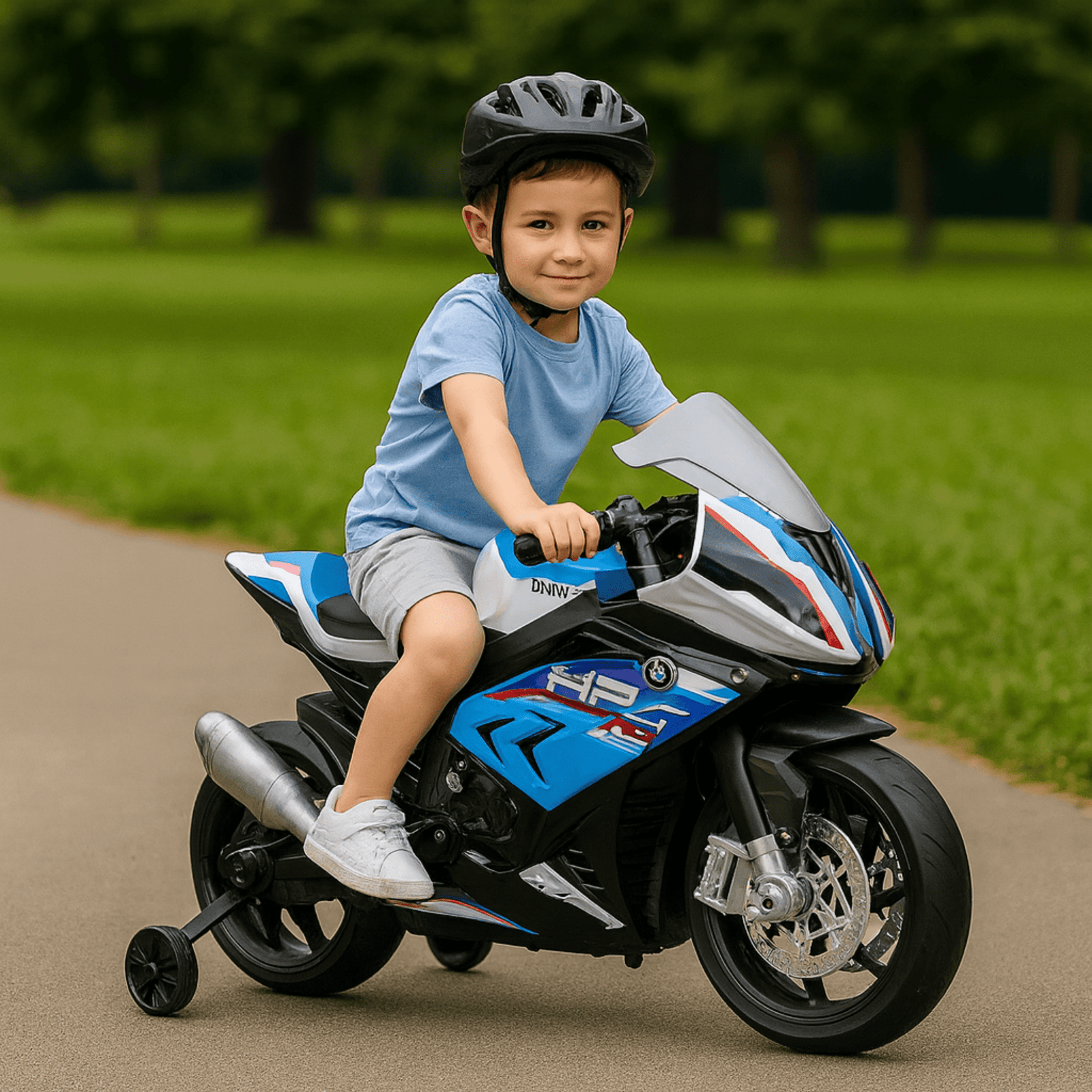 12V Blue BMW HP4 Kids' Super Motorcycle W/ EVA Rubber Wheels, Music & Lights.