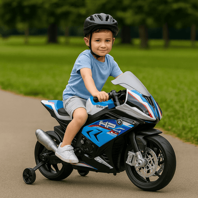 12V Blue BMW HP4 Kids' Super Motorcycle W/ EVA Rubber Wheels, Music & Lights.
