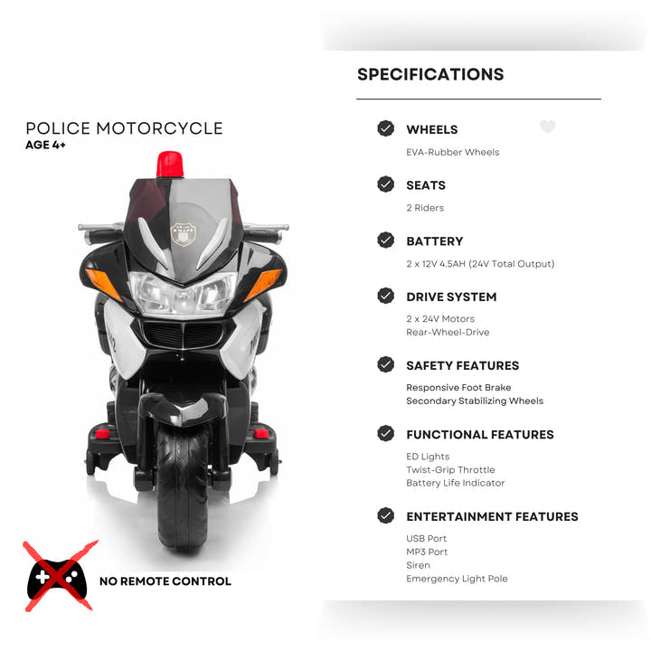 24V Police Officer Edition Kids' Motorcycle W/ Rubber Wheels, Emergency Siren, Lights & Music.