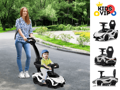 White Complete Edition Lamborghini Sian 3-in-1 Push Car / Stroller W/ Detachable Handle, Safety Guards, Lights & Music.