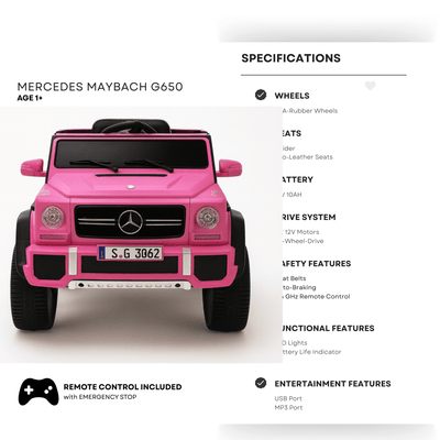 12V Pink Luxury Mercedes Maybach G650s Kids' 4x4 Ride-on SUV W/ Rubber Wheels, Music & RC.