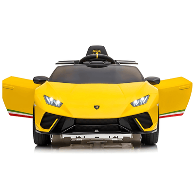 12V Yellow Lamborghini Huracan Licensed Sport Edition 4X4 Ride-On Car W/ Rubber Wheels, Bluetooth & RC.