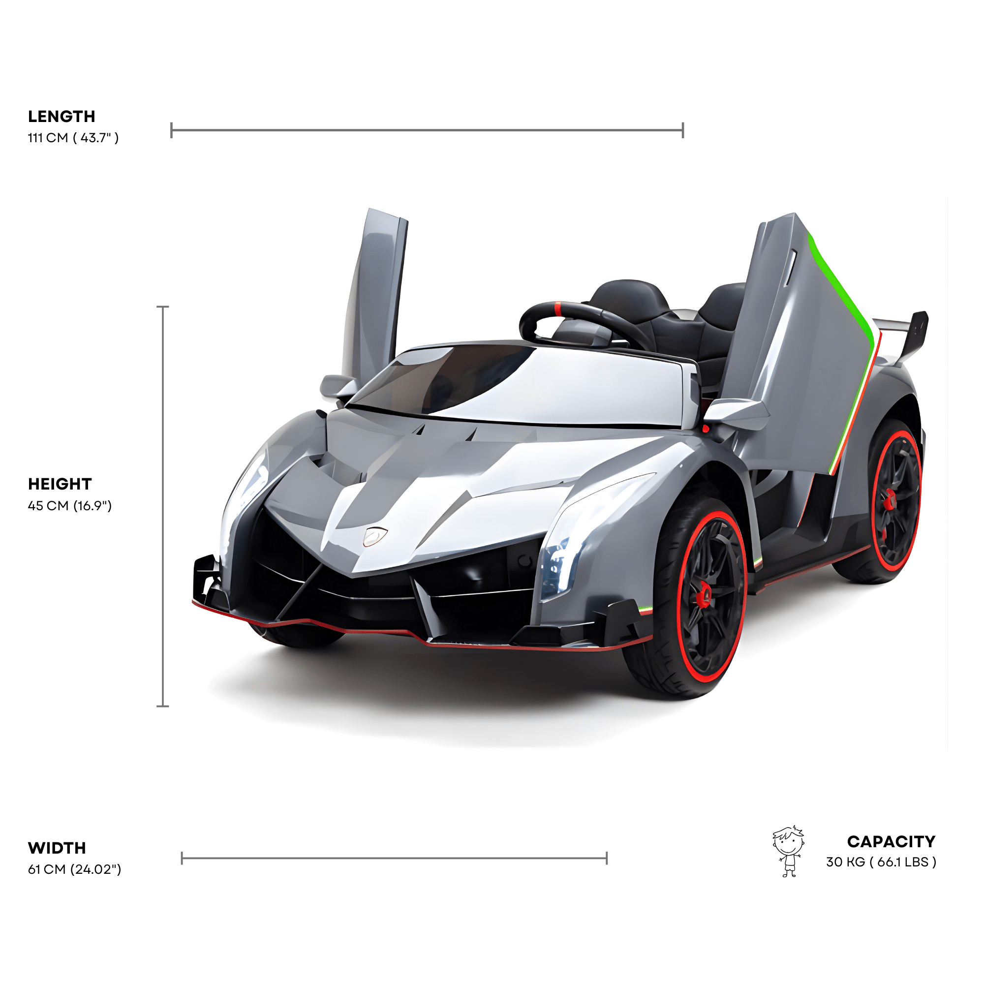12V Silver Lamborghini Veneno 4X4 Limited Edition Ride-on Car W/ EVA Rubber Wheels, Bluetooth & RC.