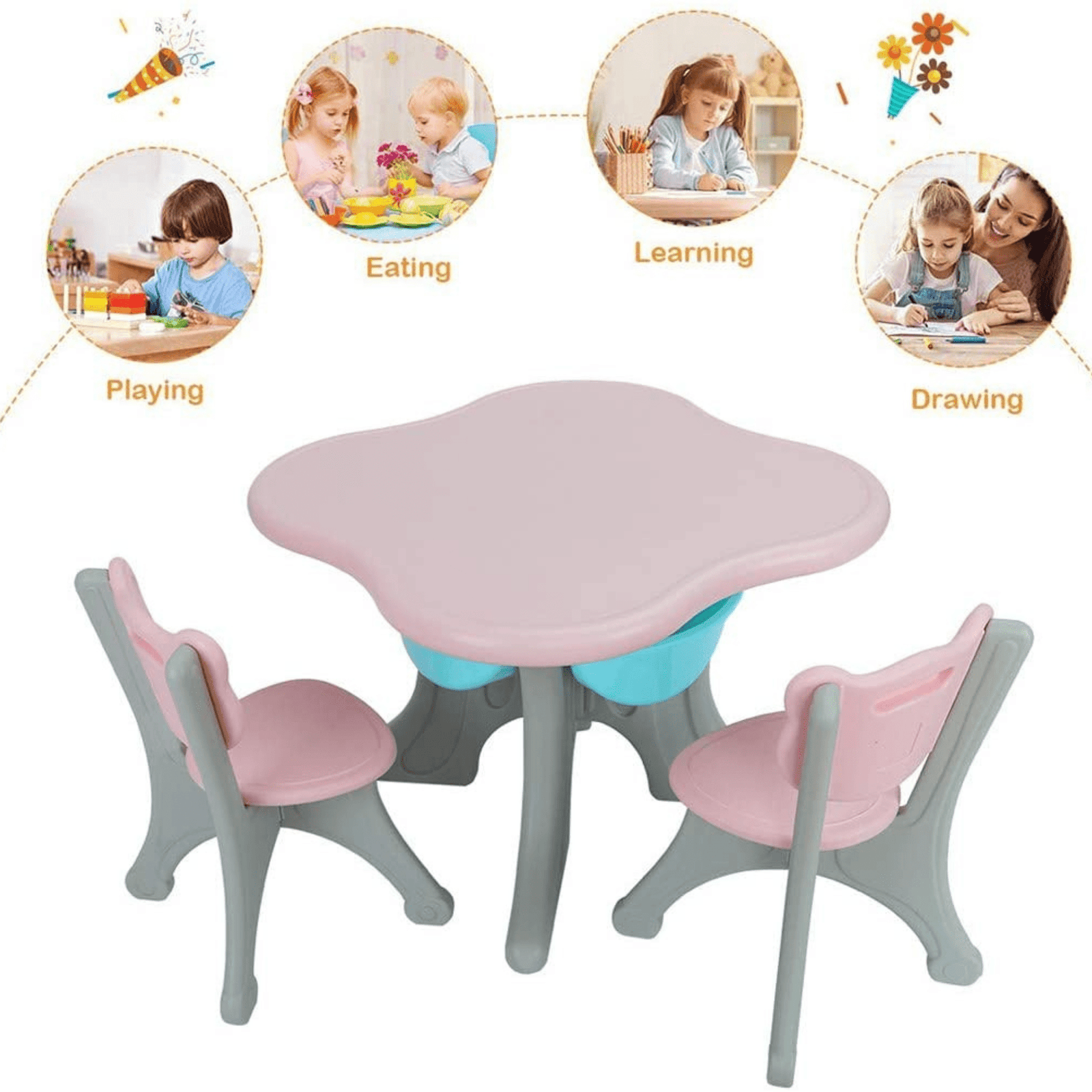 Kids & Toddlers Bear Edition Table & Chair Set W/ 2 Chairs and Storage Baskets.
