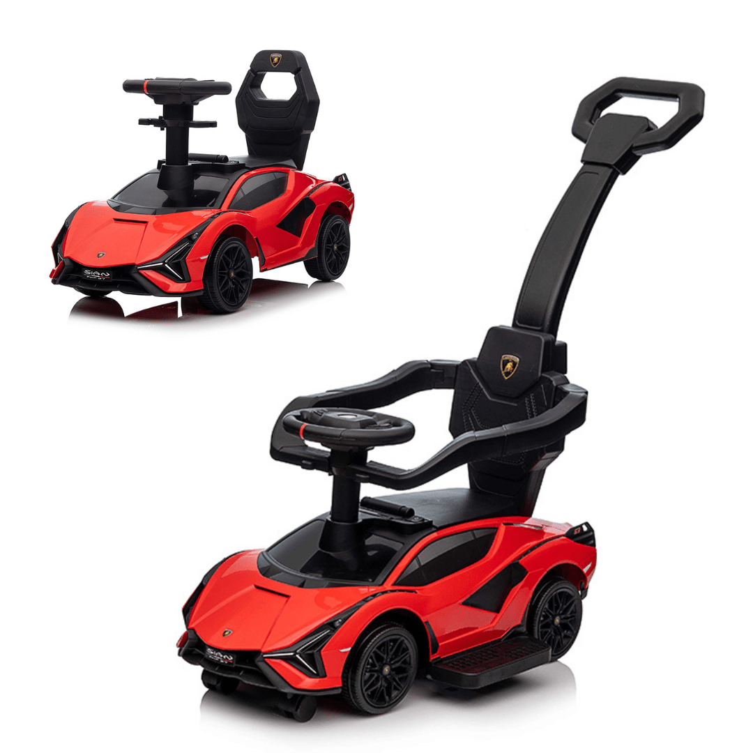 Red Complete Edition Lamborghini Sian 3-in-1 Push Car / Stroller W/ Detachable Handle, Safety Guards, Lights & Music.