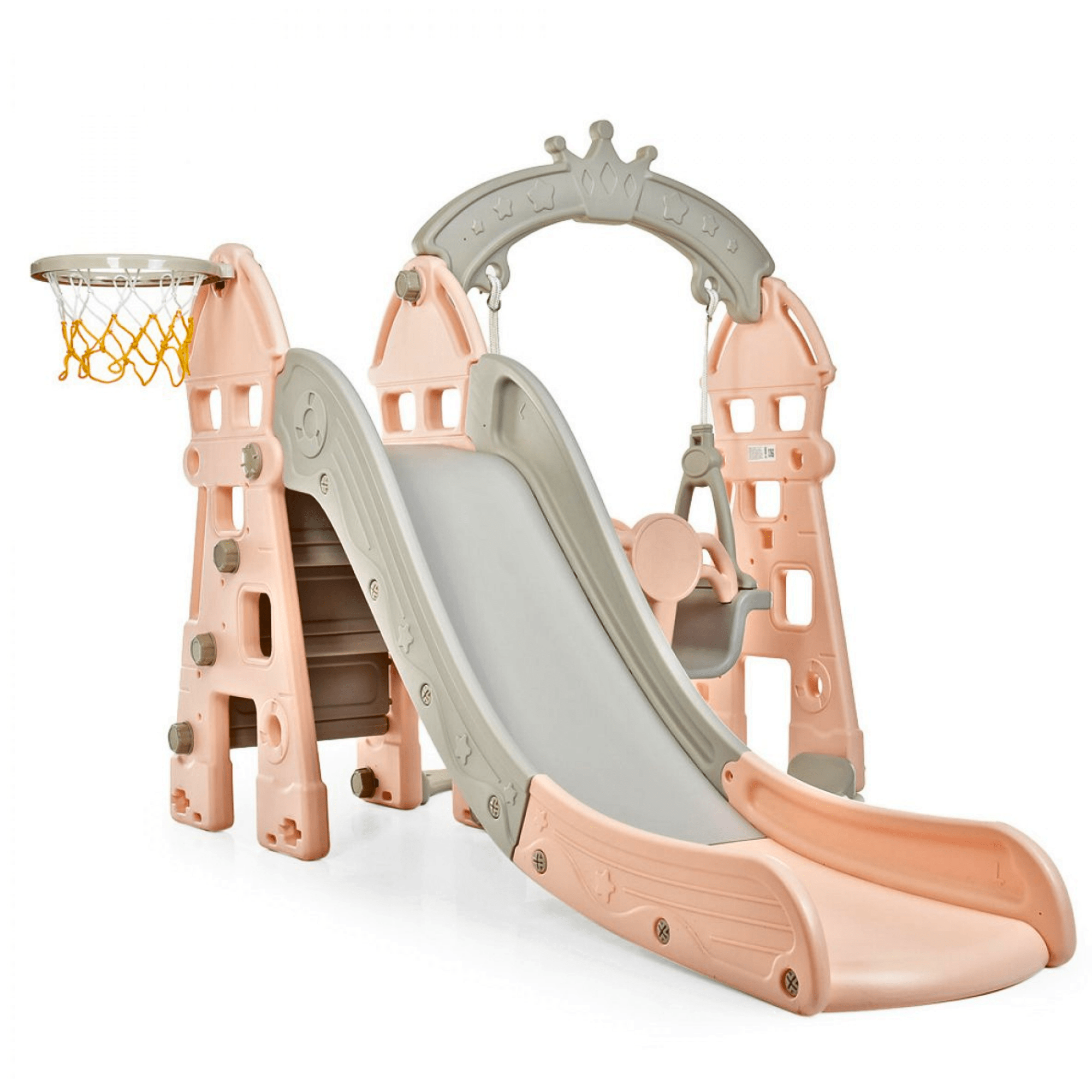 Pink Luxury 5-in-1 Castle Edition Playset for Kids W/ Slide, Closed Steps, Swing & Basketball Hoop.