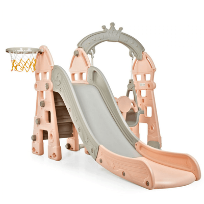 Pink Luxury 5-in-1 Castle Edition Playset for Kids W/ Slide, Closed Steps, Swing & Basketball Hoop.