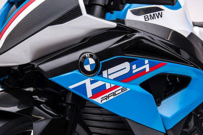 12V Blue BMW HP4 Kids' Super Motorcycle W/ EVA Rubber Wheels, Music & Lights.