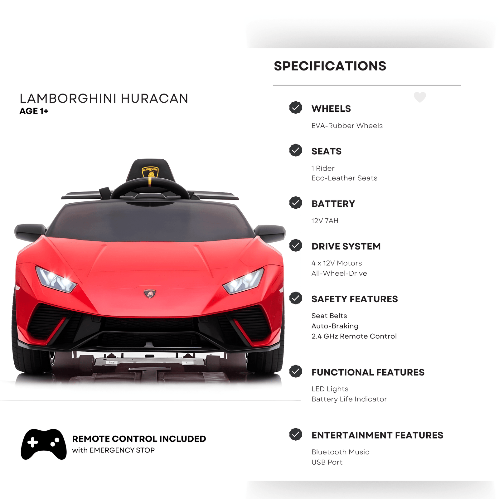 12V Red Lamborghini Huracan Licensed Sport Edition 4X4 Ride-On Car W/ Rubber Wheels, Bluetooth & RC.