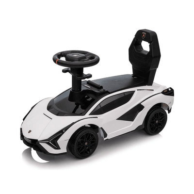 White Complete Edition Lamborghini Sian 3-in-1 Push Car / Stroller W/ Detachable Handle, Safety Guards, Lights & Music.
