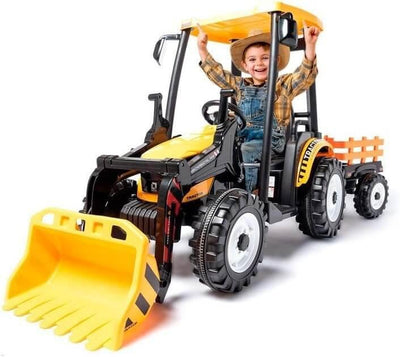 24V Kids' XXL Upgraded 6-Wheel Tractor W/ Trailer, Leather Seat, Music, Lights & RC.