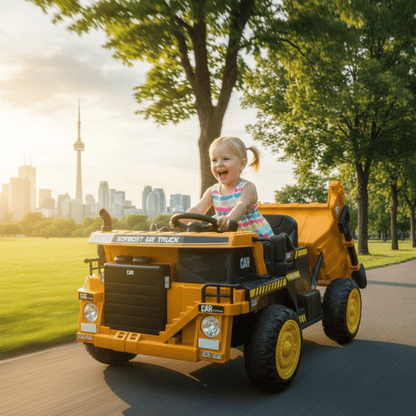 12V Kids' Ride-On Construction Dump Truck W/ Rubber Wheels, Automatic Dump Bed, Music & RC.