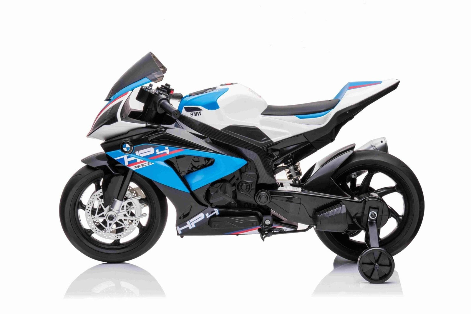 12V Blue BMW HP4 Kids' Super Motorcycle W/ EVA Rubber Wheels, Music & Lights.