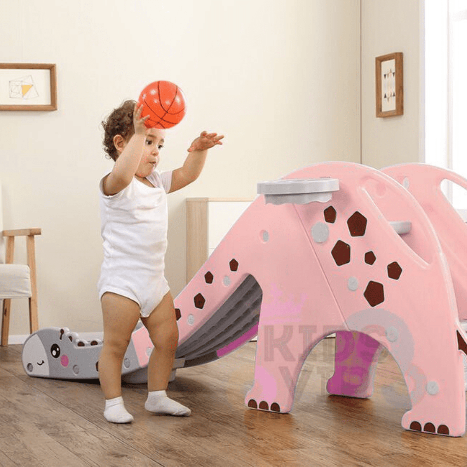 Kids' and Toddlers' Giraffe Edition Interactive Indoor / Outdoor Playset W/ Slide, Closed Steps & Basketball Hoop.