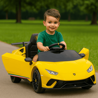 12V Yellow Lamborghini Huracan Licensed Sport Edition 4X4 Ride-On Car W/ Rubber Wheels, Bluetooth & RC.