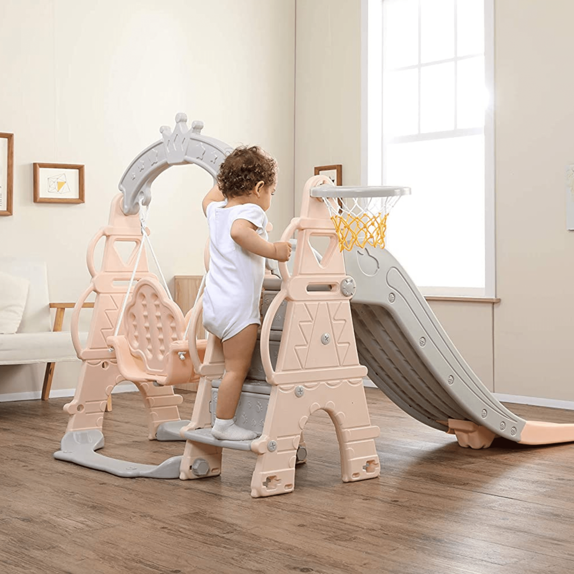 Pink Luxury 5-in-1 Castle Edition Playset for Kids W/ Slide, Closed Steps, Swing & Basketball Hoop.
