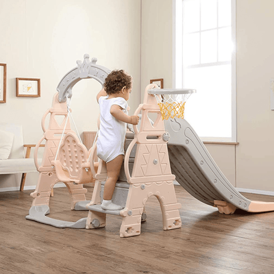 Pink Luxury 5-in-1 Castle Edition Playset for Kids W/ Slide, Closed Steps, Swing & Basketball Hoop.