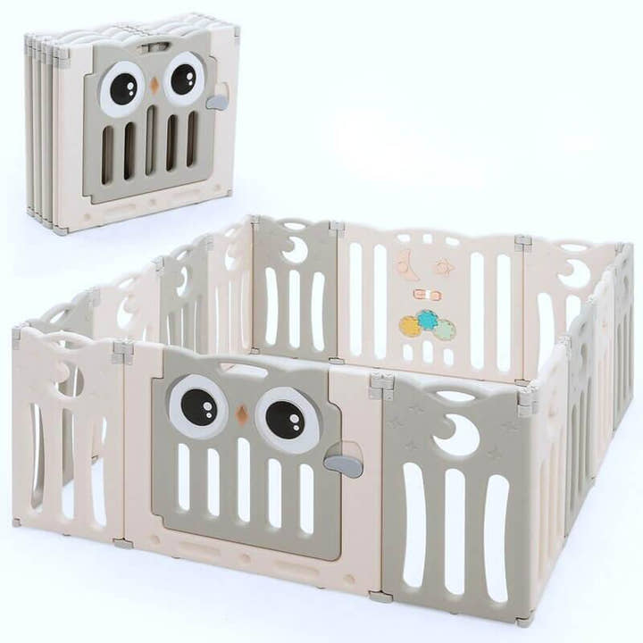 Grey 16 Panels Indoor/Outdoor Foldable Playpen, Fence, Interactive Safety Play Yard  for Toddlers and Infants.
