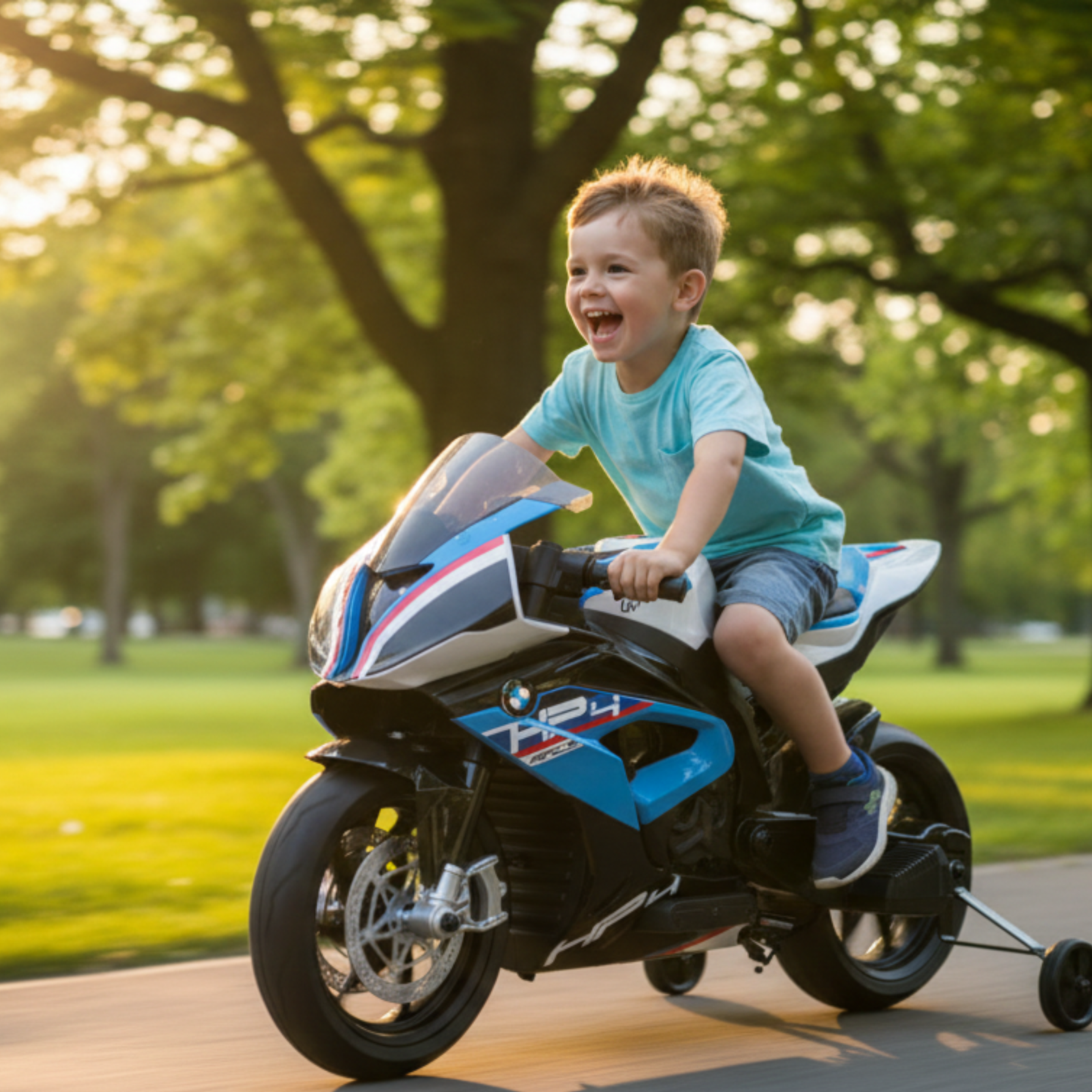 12V Blue BMW HP4 Kids' Super Motorcycle W/ EVA Rubber Wheels, Music & Lights.