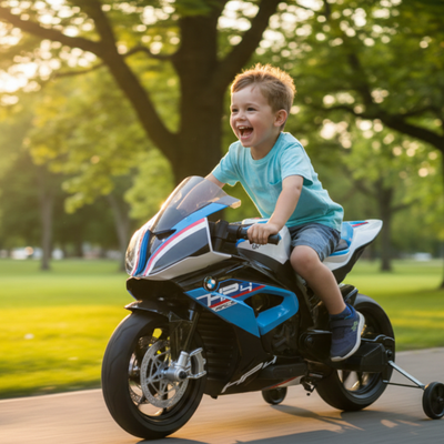 12V Blue BMW HP4 Kids' Super Motorcycle W/ EVA Rubber Wheels, Music & Lights.