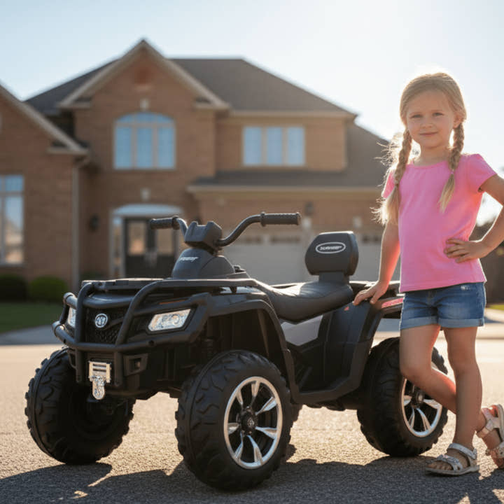 24V White Upgraded Titan Edition 4x4 Ride-On Quad ATV W/ EVA Rubber Wheels, Bluetooth Music & Lights.