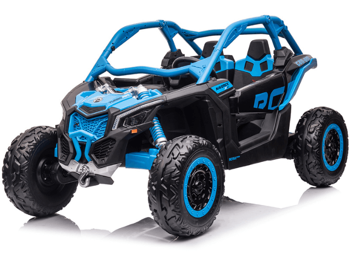 Blue Licensed LX Performance Edition 2x24V Can-Am Maverick 4WD Double 24V Battery Pack, 2-Seater Kids' Buggy W/ Music, EVA Rubber Wheels, Leather Seats & RC.